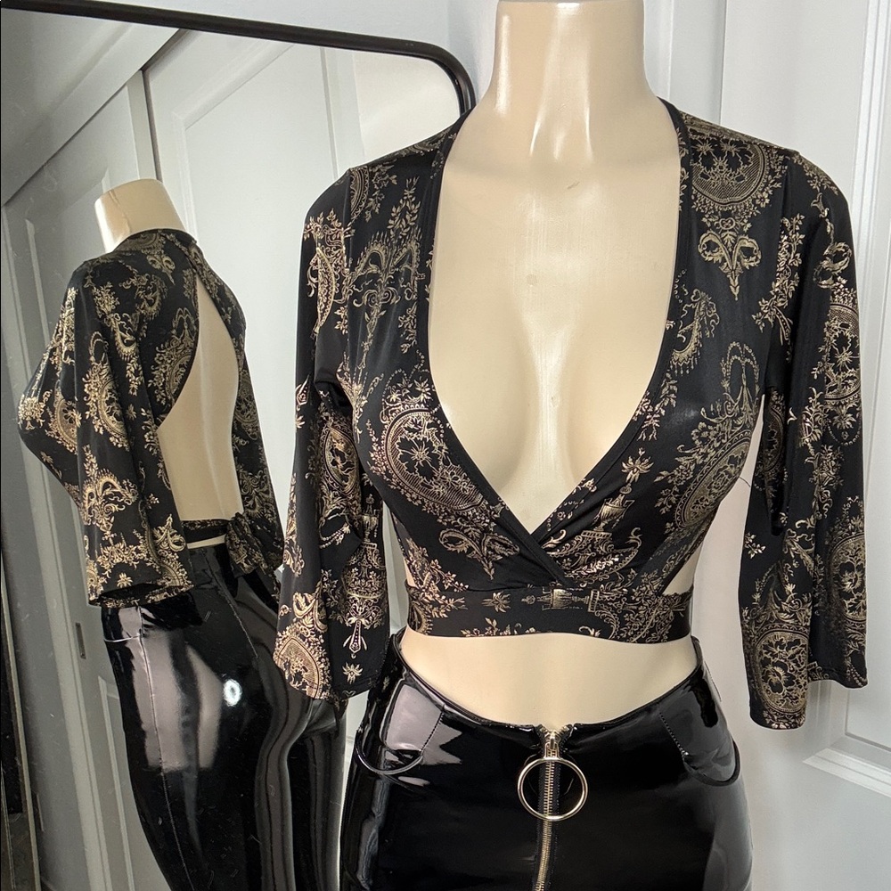 Elegant Black and Gold Wrap Top oriental prints